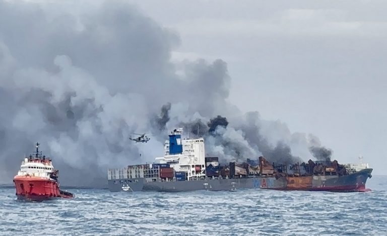 Indian Navy helping blazing ship