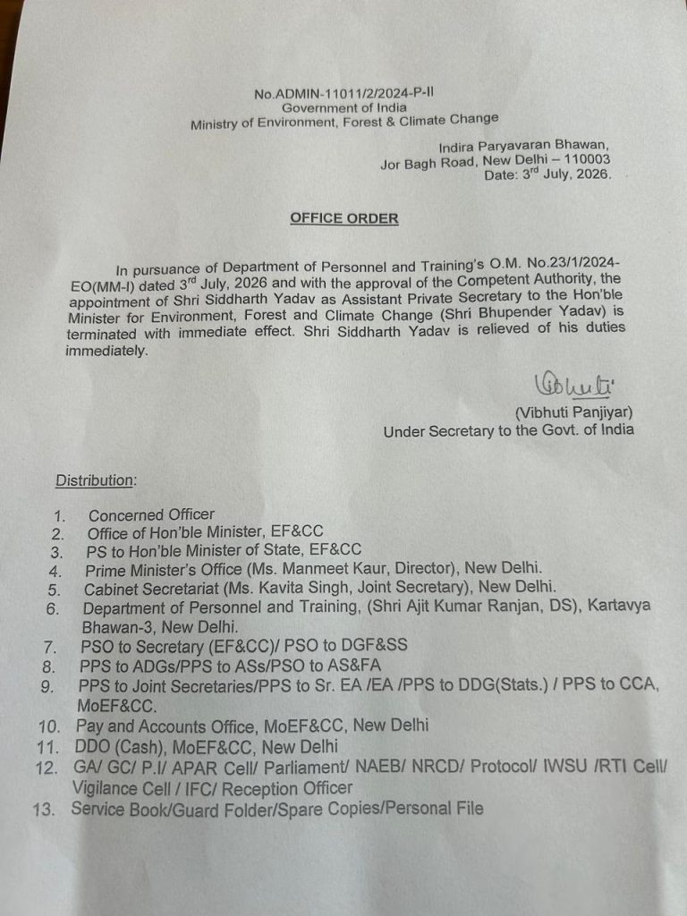 Not 3 But 4: Union Minister Bhupender Yadav's 4 Personal Staff Members Relieved of Duties; APS Siddharth Yadav Also Removed